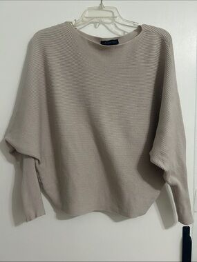 Joan Vass Neutral Ribbed Batwing Crewneck Sweater